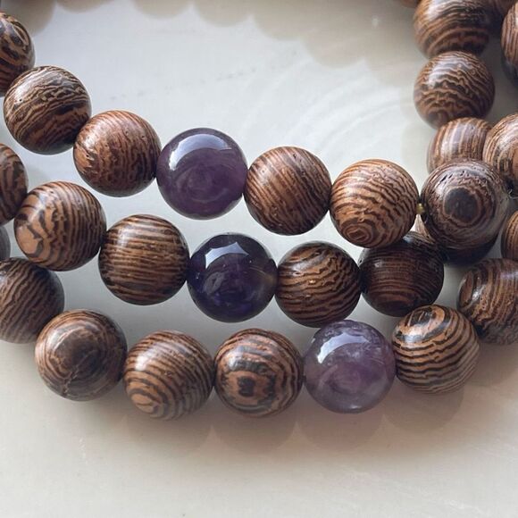 Sandalwood amethyst beaded bracelet ONE NEW stretch reiki meditation yoga - Picture 3 of 11